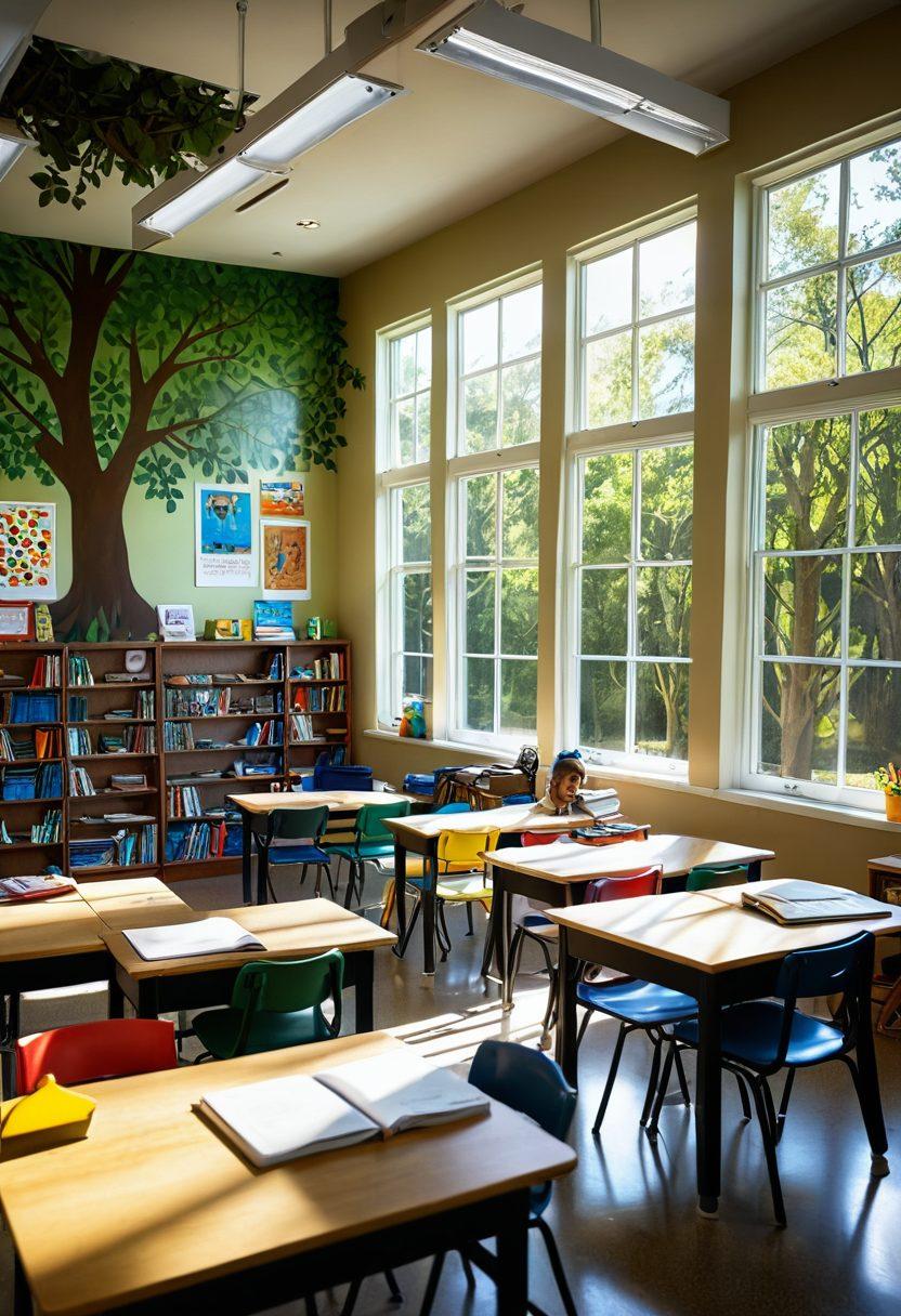 A diverse classroom setting featuring children of various ethnicities engaged in collaborative learning. Highlight elements of nature like trees and the sun shining through windows, symbolizing growth and hope. Include books and educational tools scattered around, representing equity in education. The scene conveys warmth and optimism, showcasing a balance of modern teaching methods and traditional values. vibrant colors. super-realistic.