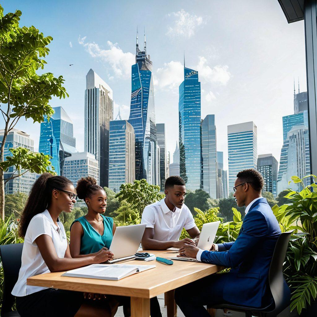 A vibrant scene depicting a diverse group of students and entrepreneurs collaborating over books and laptops, with a backdrop of a futuristic city symbolizing progress. Incorporate elements of technology and nature, featuring solar panels and greenery, to represent sustainable development. The atmosphere should radiate hope and unity, showcasing equality and opportunity in education and enterprise. super-realistic. vibrant colors. white background.